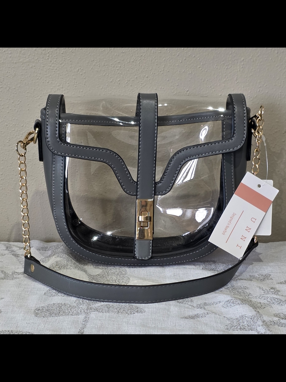 Clear Gray Trim Crossbody Bag with Gold Chain